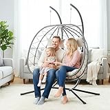 Double Egg Chair with Stand, Indoor Outdoor Loveseat Hammock Swing Chair,Wicker Chair with Foldable Basket & Thick UV-Resistant Cushions, 700 LBS Capacity for Patio, Bedroom, Garden,Beige