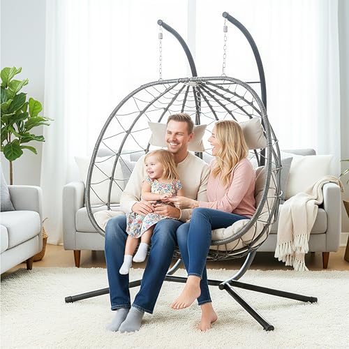 Double Egg Chair with Stand, Indoor Outdoor Loveseat Hammock Swing Chair,Wicker Chair with Foldable Basket & Thick UV-Resistant Cushions, 700 LBS Capacity for Patio, Bedroom, Garden,Beige