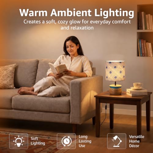Image of Amazon Basics Kashida Bloom Table Lamp | Hand-Painted Mango Wood Base with Printed Polyester Shade | E14 Holder | Decorative Night Lamp for Bedroom, Living Room & Study Room | Home Decor Gift