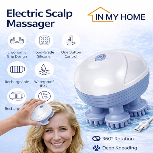 Image of Electric Scalp Massager, Electric Scalp Massager for Men Women, Handheld Cat Dog Pet Head Massager with 4 Massage Heads, 3 Speeds, Waterproof Massager for Soothing Muscles Joints, Hair Growth, Stress Relief