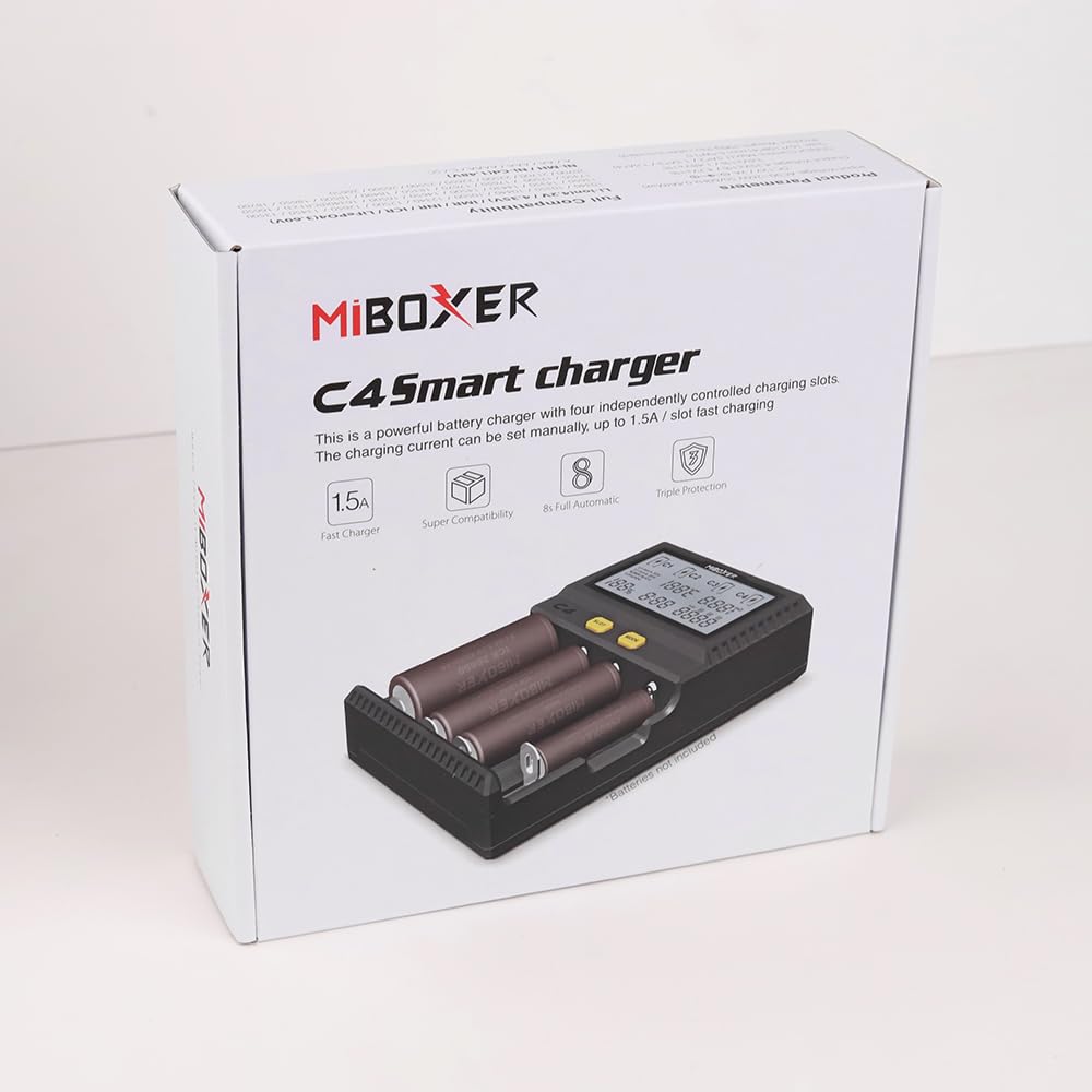 LGIDTECH C4 18650 Chargeur de Batterie Intelligent 4 emplacements avec écran LCD pour Batteries Rechargeables Li-ION (4,2 V/4,35 V)/IMR/INR/ICR/LiFePO4 (3,6 V)/Ni-MH/Ni-CD (1,48 V)