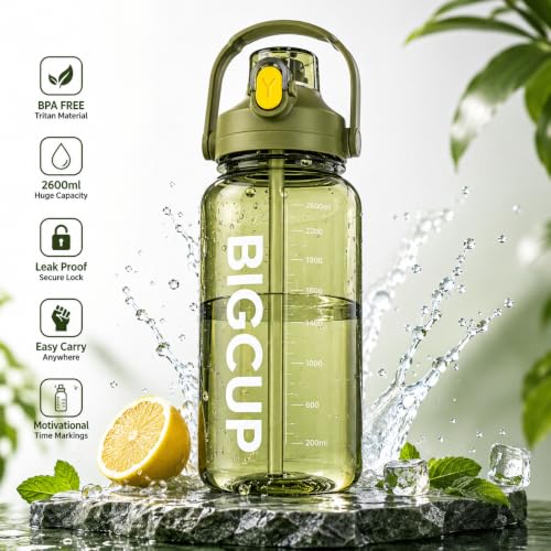 Image of Plastic Big Water Bottle 2.6 Liter with Straw Clear Motivational Time Marker Drink XL Jug with Handle for Sports Gym-Black (GREEN)