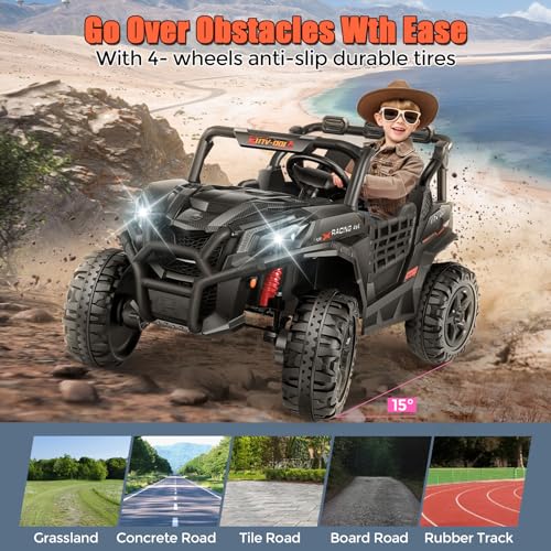 Image of Hikole 24V 4x4 Ride on Toys for Big Kids with 4X200W Powerful Motors, 4WD /2WD Switchable 2 Seater Electric Car with Parent Remote, Colorful Lights, Music, Power Car Wheels for Boys Girls, Black
