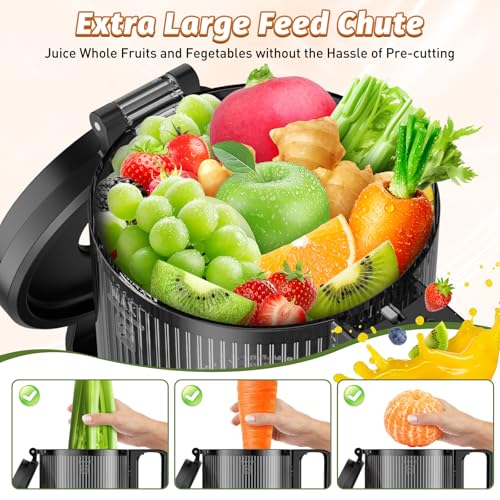 Cold Press Juicer, Masticating Juicer with 5.4" Wide Feed Chute, 350w Slow Juicer Machines Fit Whole Vegetables and Fruits with High Juice Yield, Easy to Clean (Black)