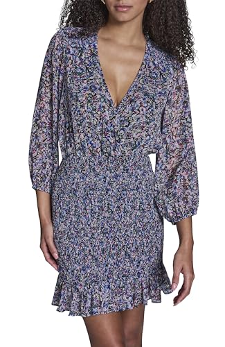 Image of BCBG Women's Long Sleeve V Neck Smocked Chiffon Ruffle Hem Mini Dress