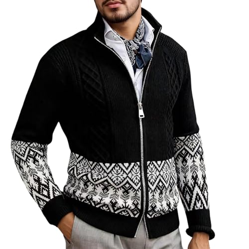 Vhersily Cárdigan de hombre jacquard de cuello alto, cierre claro, diseño único retro de moda de golf cálido cómodo clásico Rock Vintage Y2K Streetwear deportivo Hip Hop para fitness correr correr