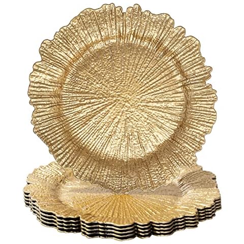 MAONAME Round 13" Gold Charger Plates, Set of 6, Plastic Reef Plate Chargers for Dinner Plates, Wedding, Elegant Décor Place Setting Cover