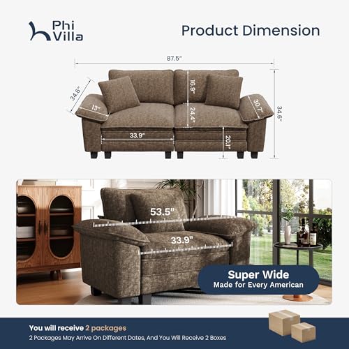 Image of PHI VILLA Indoor Modular Couches Sets, 87.5 inch Sectional Loveseat Sofa with Upholstered Deep Seat, 2-Seater Comfy Couches for Living Room Bedroom, Chenille Grayish Brown