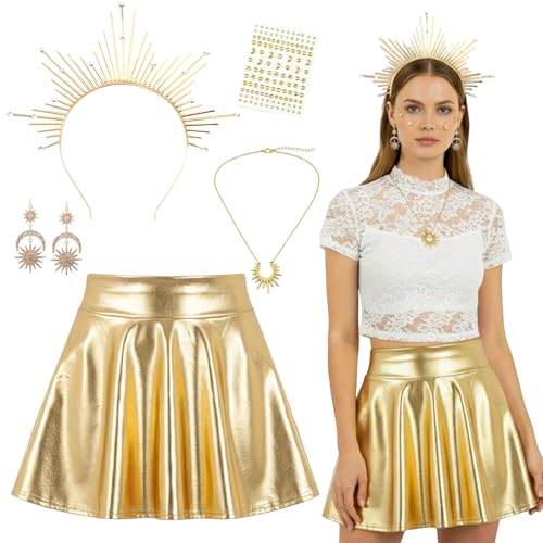 YAEGIMHT 5 Stück Sonne Kostüm Set für Damen Glitzernder Metall-Faltenrock Haarreif Sonne Halsketten Gesicht Tattoo Griechische Göttin Accessoire Setfür Karneval Halloween & Cosplay