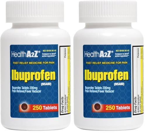 Image of HealthA2Z Ibuprofen 200mg | Pain Relief | Body Aches | Headache | Arthritis | Cramps | Back Pain | Fever Reducer (250 Count) (Pack of 2)