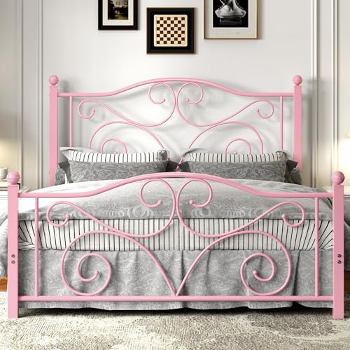 Image of VECELO Full Size Bed Frame with Headboard and Footboard, Heavy Duty Metal Slat Support, Platform Mattress Foundation, No Box Spring Needed, Easy Assembly, Light&Pink