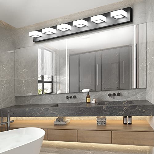 Image of Ralbay Modern Matte Black Bathroom Vanity Light Fixtures 6 Lights Acrylic Modern LED Black Vanity Lights for Bathroom (4500K Neutral White Light)