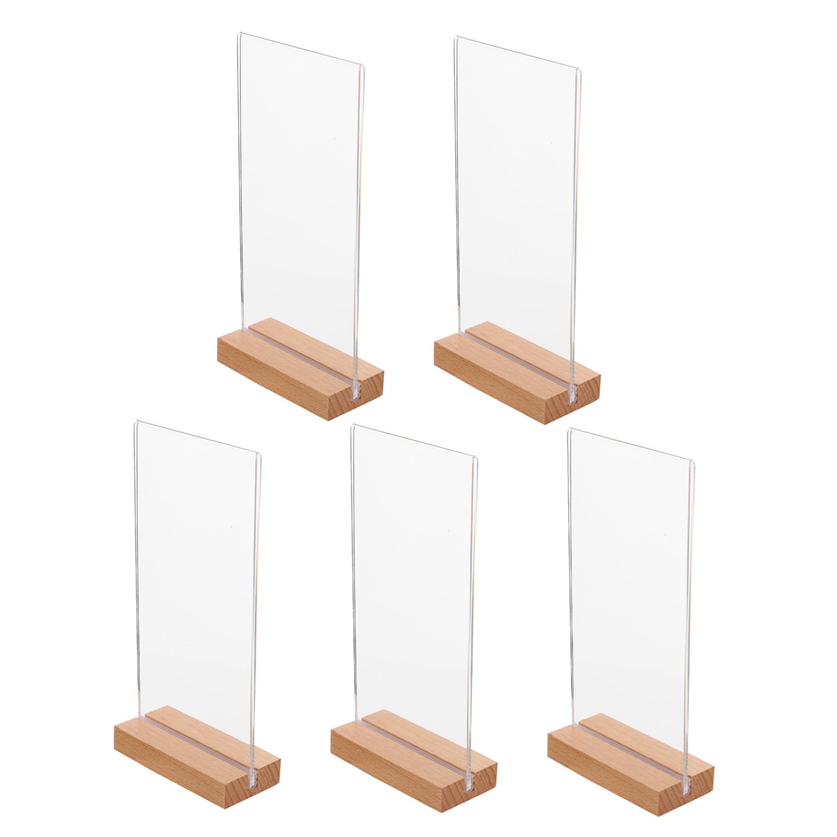 NUOBESTY 5 piezas Soporte de Señal Acrílico Transparente Vertical con Base de Madera para Menús y Carteles para Bodas Restaurantes y Oficinas