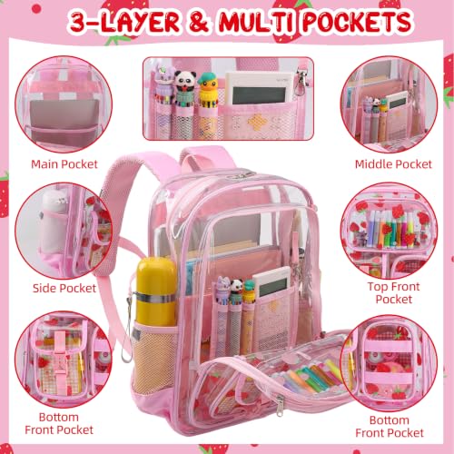 Image of Three-layer Clear Backpack, Heavy Duty Clear Bookbag for Kids, See Through Backpack Transparent Bag for Girls Boys (Strawberry PVC)