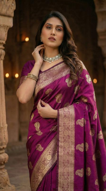 Image of C J Enterprise Women's Pure Soft Silk Saree With Blouse Piece For Wedding (KeriLichi)