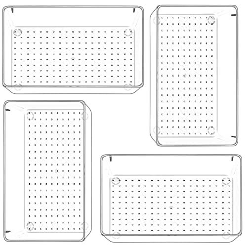 Image of Clear Plastic Drawer Organizers Set, Versatile Bathroom and Vanity Drawer Organizer Trays, Storage Bins for Makeup, Bedroom, Kitchen Gadgets Utensils and Office (4 PC LARGE TRAY)