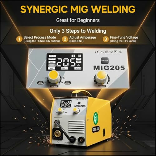 Image of MIG205 MIG /MAG Gasless Welding Machine, 200A Inverter Welder, Multi-Process (MIG, MAG, ARC, Lift TIG), Torch, Earthing Clamp, Gas Hose & 5kg 1.0mm Flux Core Wire