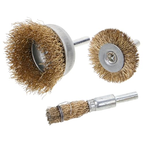 Kisangel 3 Cepillos de Alambre para Taladro Eléctrico Rueda de Cepillo para Pulir Acero al Carbono Amarillo 03 MM Tamaños 10X6 CM y 38X6 CM Accesorios para Lijado Esmerilado y