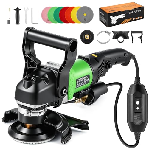 Bonvoisin 800W 4 Wet Polisher Electric Wet Stone Polisher 6 Variable Speed Wet Grinder Buffing Machine Countertop Concrete Polisher for Stone Granite Marble Tile with 7Pcs Diamond Polishing Pads