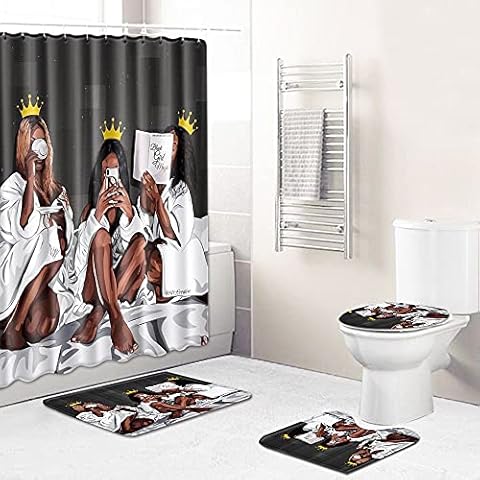 DDS-DUDES 4 Pieces African American Black Women Waterproof Shower Curtain Sets for Bathroom with Non-Slip Rugs, Toilet Cover and Bath Mat, 12 Plastic Hooks (Queen) Cover