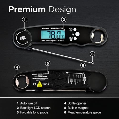 Keplin Meat Thermometer - Instant Read Food Thermometer with Backlight LCD, Foldable Design, Auto Turn Off, Magnet, Fast 3-Second Response, Temperature Range 0-150°C, Includes Bottle Opener - Black - Image 6
