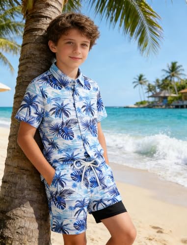 Image of UNICOMIDEA Boys Hawaiian Outfits Tropical Print Button Down Shirt + Swim Trunks 2 Piece Sets for 5-12T Kids
