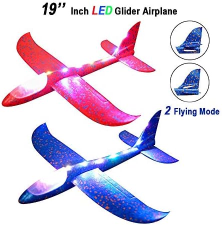 ACROTOR 2Pack 19 Inches LED Light Up Airplane Toy,Large Throwing Foam Plane,Dual Flight Mode,Aeroplane Gliders,Gifts for Kids, 3 4 5 6 7 Year Old Boy,Outdoor Sport Game Toys Party Favors (Blue & Red)