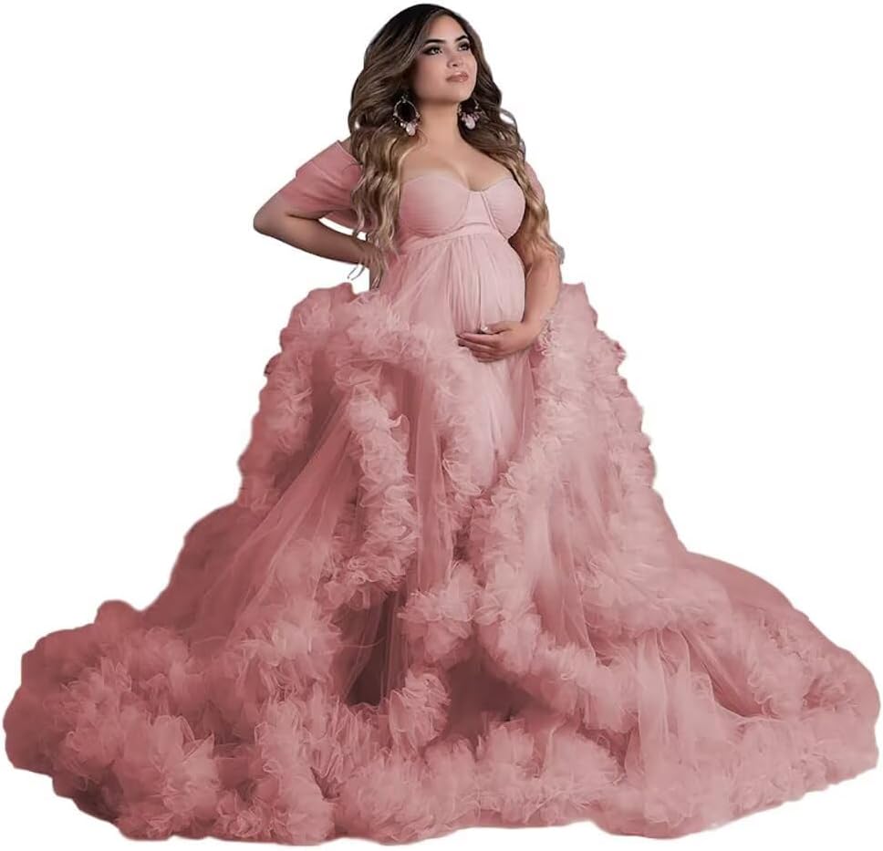 Off Shoulder Tulle Maternity Dresses for Photoshoot Puffy Ruffles Bathgown Long Bridal Robe Baby Shower Dress