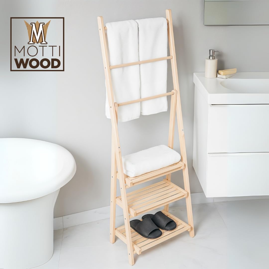 Portasciugamani Da Terra VASAGLE A 3 Aste Con Ripiano - 100 Cm, Bianco E Beige, Per Bagno E Soggiorno - 2