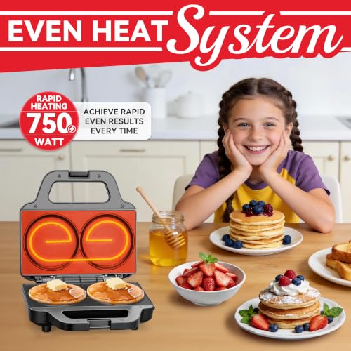 Image of SugarWhisk 4 Inch Double Mini Pancakes Maker Machine, Arepa Maker, Electric Pancake Maker Griddle, Ideal for Pancakes, Cookies, Eggs, Arepas & Breakfast Sandwiches, Graphite