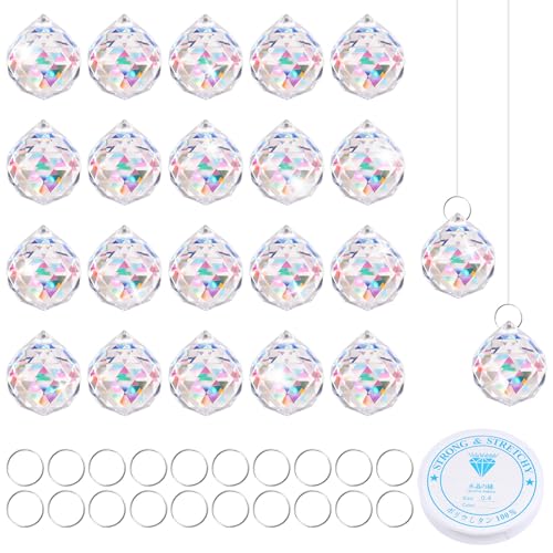 20 Stück Sonnenfänger Kristall, 20mm Kristalle zum Aufhängen, Suncatcher Kristall mit 20 Metallring, Hängende Kristallkugeln, Klare Kristallkugel Prisma für Fenster, Kronleuchter, Heimdekoration