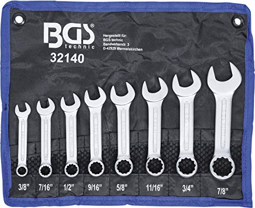 BGS 32140 Combination Spanner Set, Inch Sizes, Extra Short, 3/8 inch – 7/8-Inch, 8 Pieces