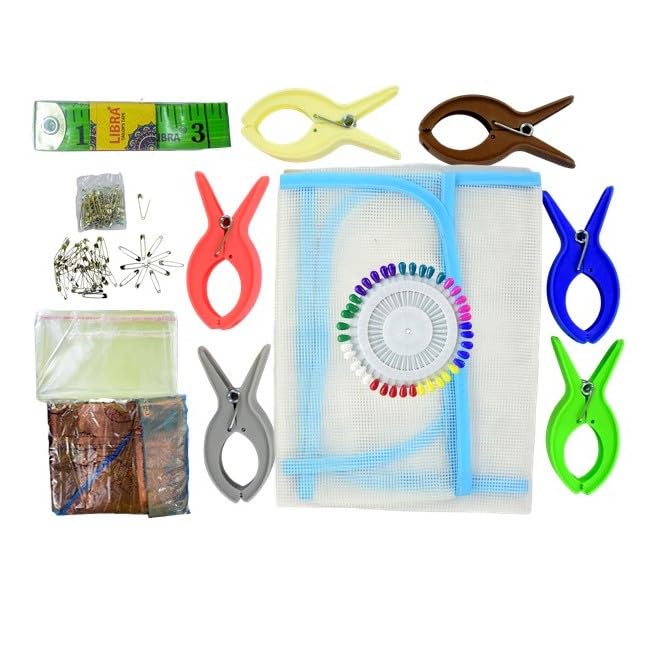 Prabhas Designs Pre-Pleating Kit with 6 Items | Ironing Mat 1, 4-inch Clips 6 nos, Inch Tape, Saree Packing Cover (14 X 18 inches) 5 nos, Safety Pin 50 nos, and Pearl Pin 40 nos || for Beginners