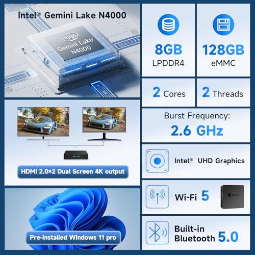 Image of Bmax B1 Mini PC Windows 11, Intel Gemini Lake N4000 (Up to 2.6GHz), 8GB LPDDR4 128GB eMMC, Micro Computers Support 4K Dual Display, HDMI 2.0 /Wi-Fi 5 /BT 5.0 /USB 3.0 for Work /Home /Study