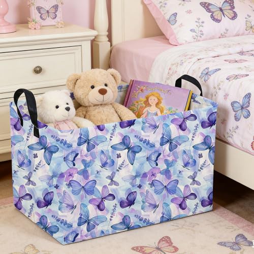 Image of Rectangular Purple Butterfly Baskets,Foldable Waterproof Outdoor Purple Gift Basket with Handle,Baby Storage Basket,Girls Baskets,Butterfly Room Decor(Cute Butterfly)