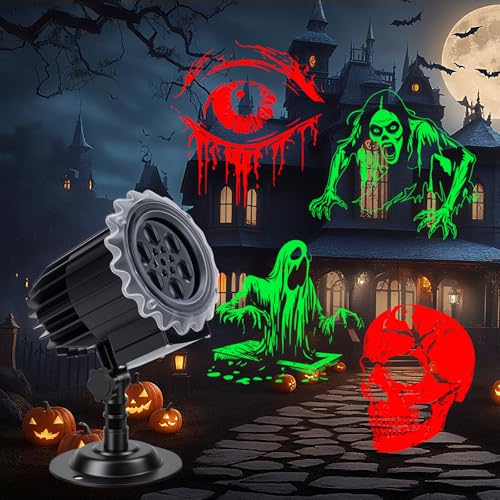 Brighter Halloween Decorations Projector Lights Outdoor, Display 4 Dynamic HD Patterns at a Time(Skulls, Zombies, Ghost, Eyes), Holiday Projector Light for Yard, Patio, Garden, Party Decor