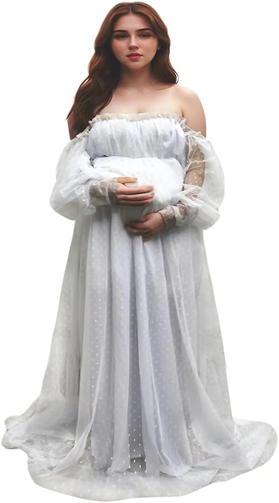 Maternity Dress for Photo Shoot-Lace Maternity Evening Gown for Baby Shower, Photography Long Puff Sleeve
