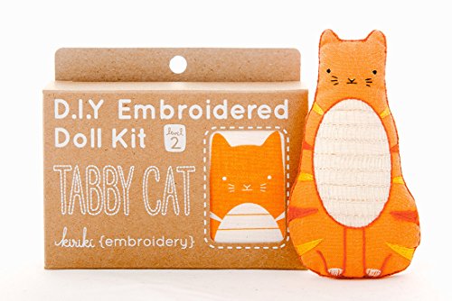 Image of Kiriki Press DIY Embroidery Doll Kit - Skill Level 2 - Beginner to Advanced Embroidery Kits for Adults Teens (3 Skill Levels) Animal Embroidery Kit - Screen Printed Pattern (Tabby Cat - Level 2)