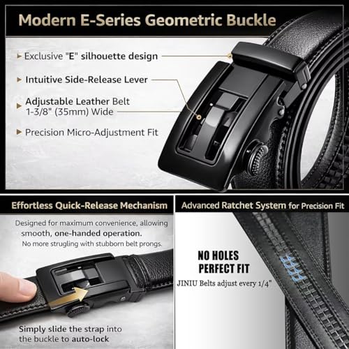 Image of JINIU Men's Ratchet Belt Buckle, Black Genuine Leather Slide Belt for Men Dress Suit, Micro Adjustable Trim to Fit Boxed