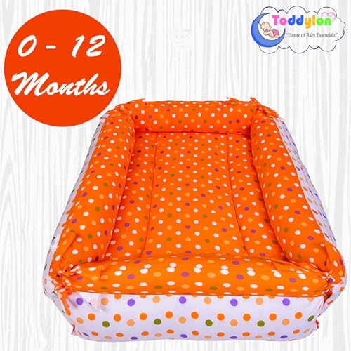 Image of Toddylon Flat Bed Baby Bed Bedding Set for New Born Baby | Bed Mattress | Mosquito Net | Cotton | Travel Bed | Essentials | Toddlers | Infants | Baby Boy Girl (0-12 Months) Orange