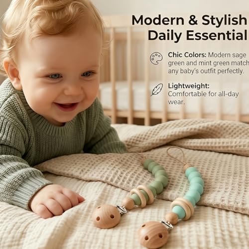 Image of 2Pcs Silicone Pacifier Clip with Natural Wooden Rings, Green Pacifier Holder Binky Clips for Baby Girl and Boys (Green)