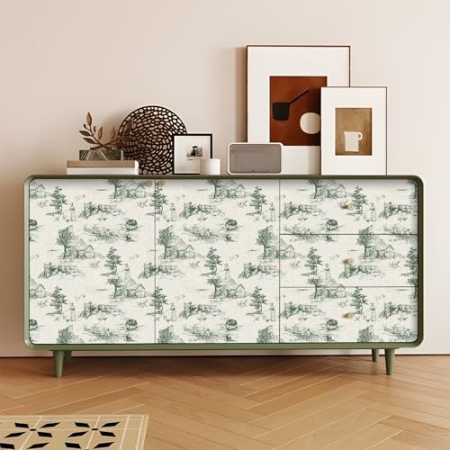 QUCHENG Toile de Jouy Wallpaper Chinoiserie Style Wall Sticker Monochrome Landscape Dresser Decal Removabal Self Adhesive Decor Peel and Stick Furniture Stickers Vintage Bedroom Livingroom Decoration