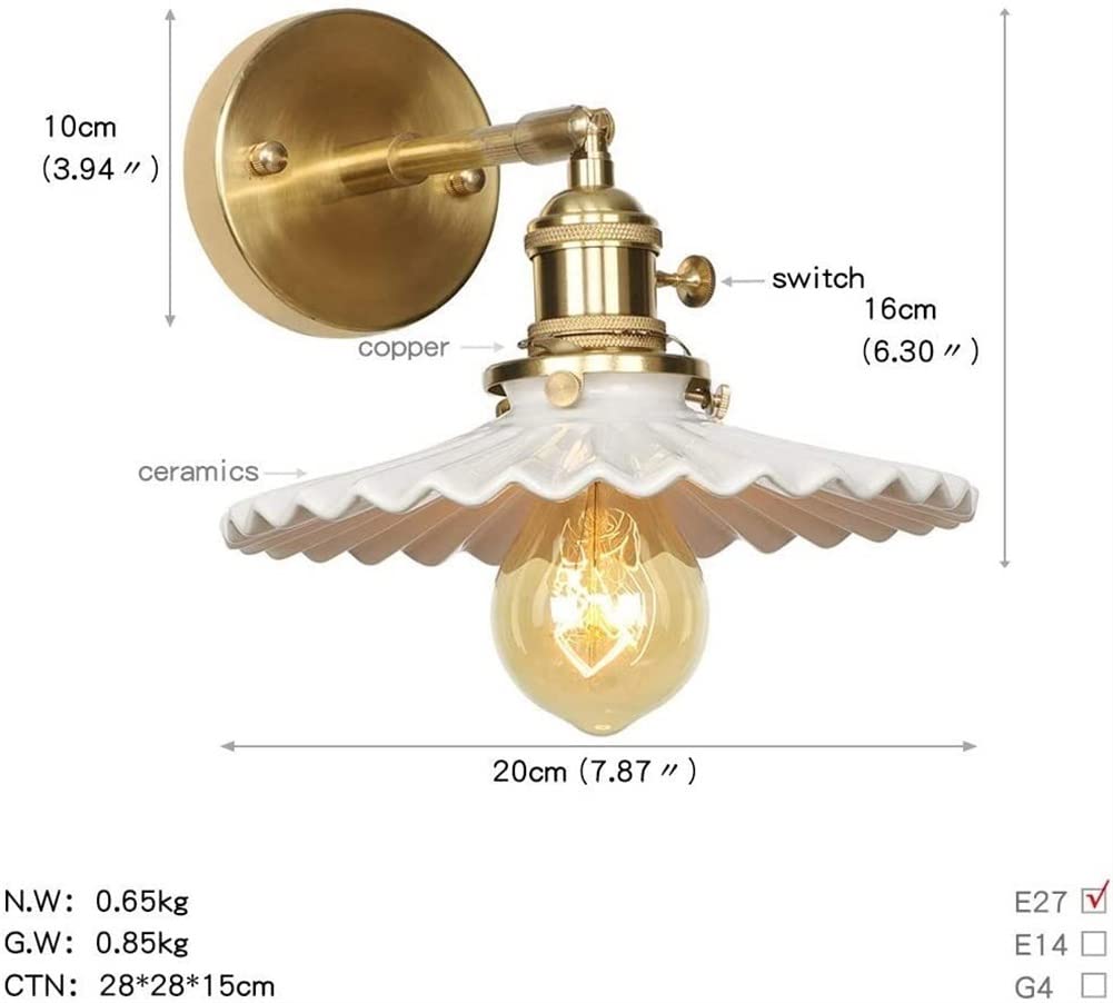Applique da Parete Vintage a 1 Luce con Paralume in Ceramica, Applique da Parete in Ottone, Applique da Parete su/Giù per Bagno, per Soggiorno e Cucina, Attacco E27, Applique da Parete Moderne