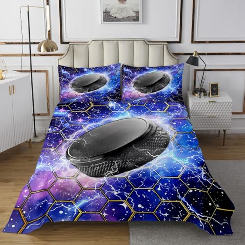 Manfei Ice Hockey Kids Bedspread Twin Size,Starry Sky Galaxy Geometric Honeycomb Hexagon Coverlet Set,Boys Girls Room Decor,Winter Sports Games Quilted Coverlet,Fashion Bedding Quilt,1 Pillowcase