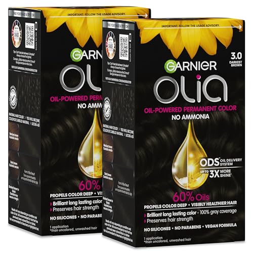 Garnier Olia Hair Color, Ammonia-Free Permanent Hair Dye, Oil-Powered Formula for 100% Gray Coverage and 3x Shinier Hair, Vegan & Cruelty Free, 3.0 Darkest Brown, 2 Count