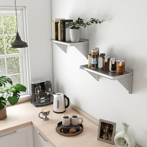 Image of HARDURA 2 Pack Stainless Steel Shelf 12 inch X 24 inch, 160LB Commercial Wall Mount Metal Shelving with Backsplash and Brackets for Kitchen, Restaurant, Laundry Room and Home