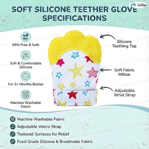 Image of FunBlast Baby Teething Mitten - Soft Silicone Teether Glove for Infants, BPA-Free, Safe & Comfortable Teething Toy for 3+ Months Babies, Toddlers, Infants (Yellow)