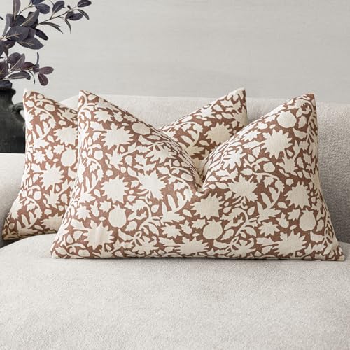 Image of Foindtower Set of 2 Decorative Neutral Floral Throw Pillow Covers Accent Farmhouse Cushion Covers Boho Pillowcase for Couch Sofa Bedroom Living Room Home Decor,12x20 Inch,Light Orange Brown