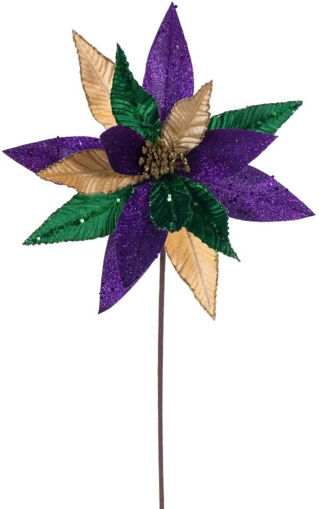 Vickerman 792155-20" Purple/Gold/Green Mardi Gras Sequin Poinsettia Artificial Flower Stem (3 Pack) (RG250567)