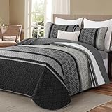 Dinjoy King Size Quilt Set Boho, Soft 3 Pieces Striped Fall Bedspreads Dark Grey Quilts Bedding Sets Boho Lightweight Quilted Coverlets Set Black for Men Bed 110'x90'